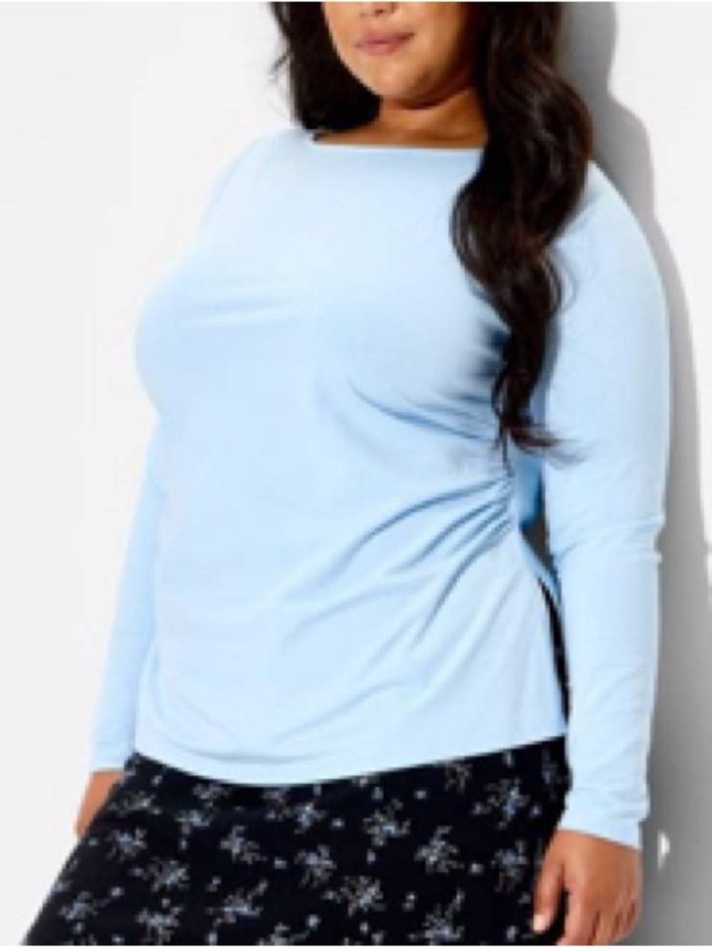 NWT Wild Fable Plus Size Side Ruched Long Sleeve Boat Neck Blouse-Light Blue